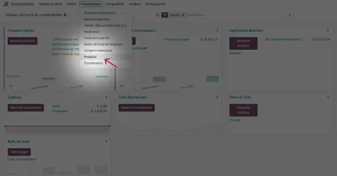 Suivez le chemin suivant : Comptabilité / Onglet Fournisseurs / Produits