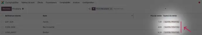 On peut voir les taxes qui sont appliquées sur les produits.